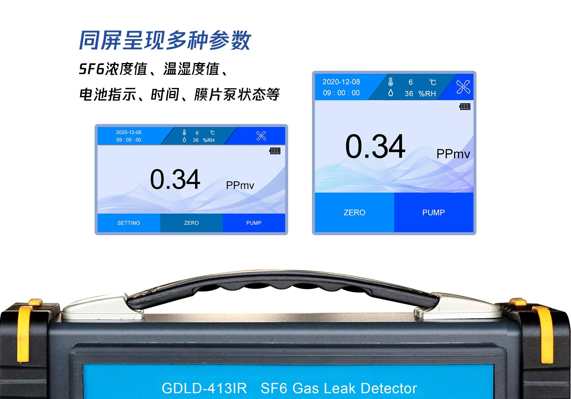 同屏呈現(xiàn)多種參數(shù)，SF6濃度值，溫濕度值，電池指示、時(shí)間、膜片泵狀態(tài)等